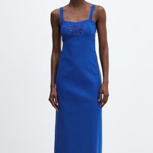 Mango Eyelet Embroidered Blue Midi Dress